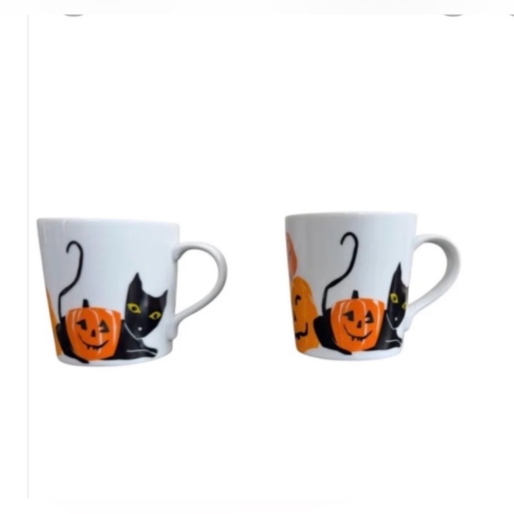 Crate & Barrel Halloween Mug Set Black Cat Pumpkin Demitasse Espresso Cups